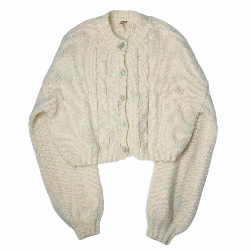 Free People Willow Cardi Fuzzy Cropped Cable Knit Sweater